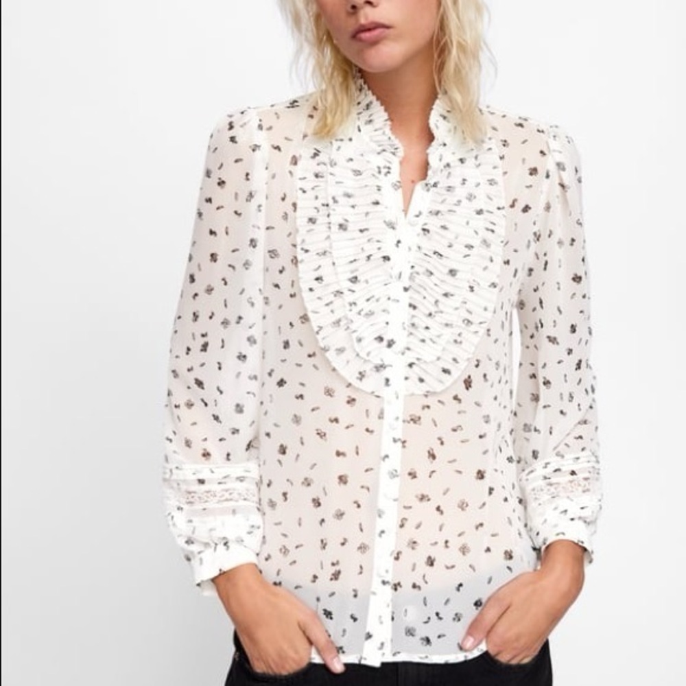 Zara paisley floral balloon sleeve lace ruffle blouse size S
